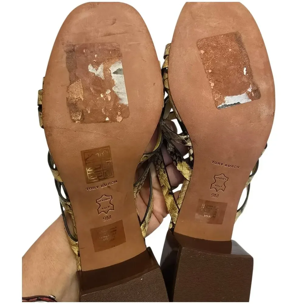 Tory Burch Slip On Sandal Mule Basket Weave Snakeskin Print Block Heel Multi 9